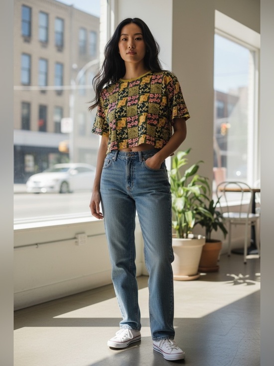 Latino Heritage Month Tops - Floral Oversized Checkered Tee